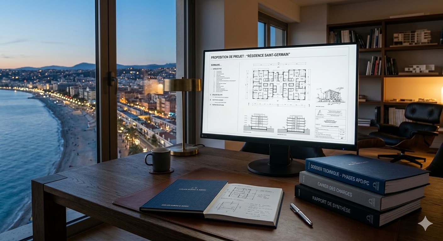 Bureau premium avec proposition de projet affichée sur un écran face à la mer