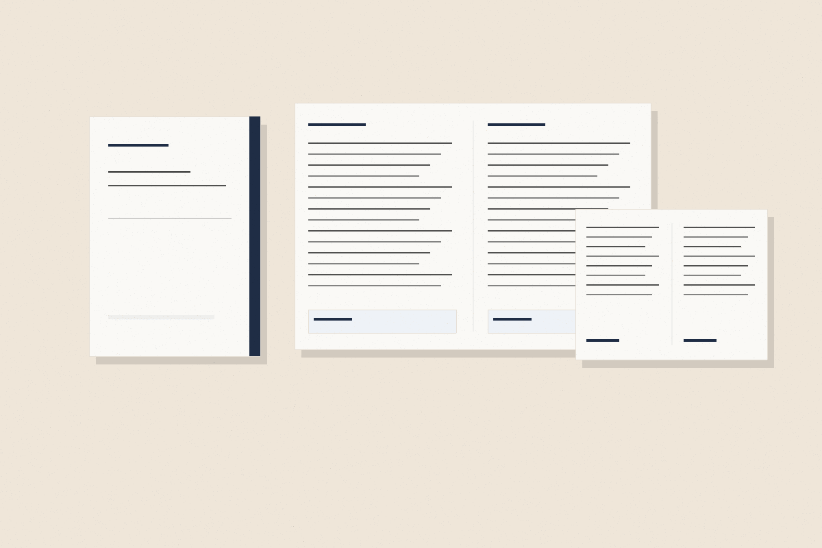 Maquette éditoriale d’un dossier de proposition imprimé avec couverture et pages intérieures minimalistes